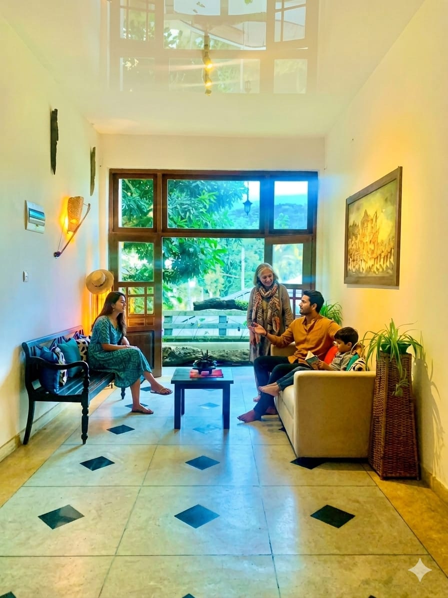 Gangula Villa garden and entrance driveway at evening